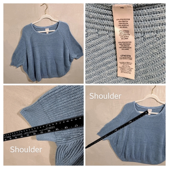 Chico's Women 3X Light Blue Rib Knit Texture 3/4 Dolman Sleeve Pullover Sweater - Picture 5 of 6